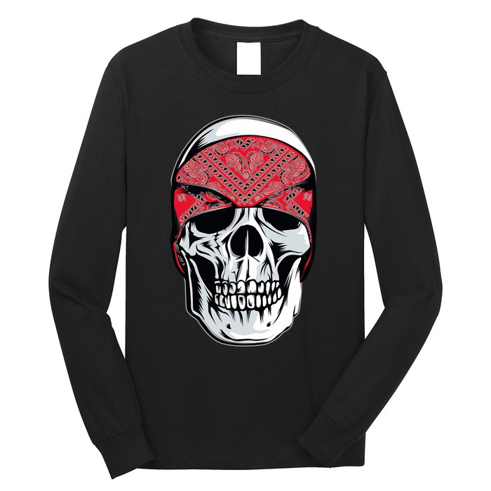 Red Bandana Skull Gangster Og Biker Graphic Skull Face Long Sleeve Shirt