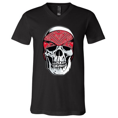 Red Bandana Skull Gangster Og Biker Graphic Skull Face V-Neck T-Shirt