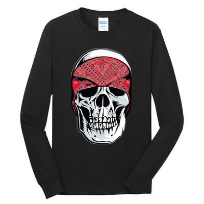 Red Bandana Skull Gangster Og Biker Graphic Skull Face Tall Long Sleeve T-Shirt