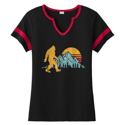 Retro Bigfoot Silhouette Mountain Sun Ladies Halftime Notch Neck Tee