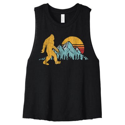 Retro Bigfoot Silhouette Mountain Sun Women's Racerback Cropped Tank