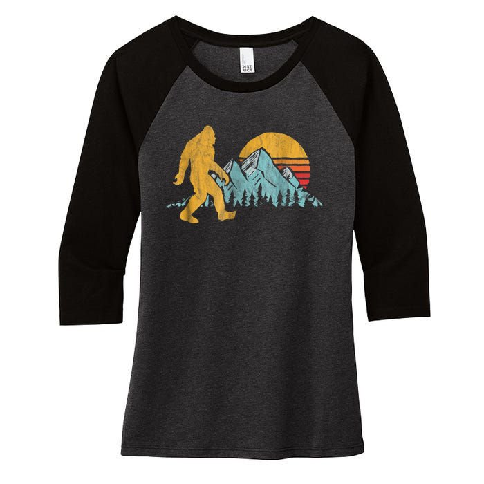 Retro Bigfoot Silhouette Mountain Sun Women's Tri-Blend 3/4-Sleeve Raglan Shirt