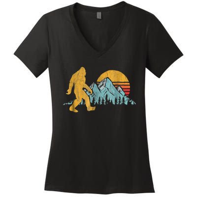 Retro Bigfoot Silhouette Mountain Sun Women's V-Neck T-Shirt