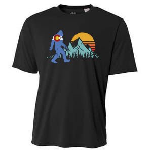 Retro Bigfoot Sun Mountain State Flag Of Colorado Graphic Cooling Performance Crew T-Shirt