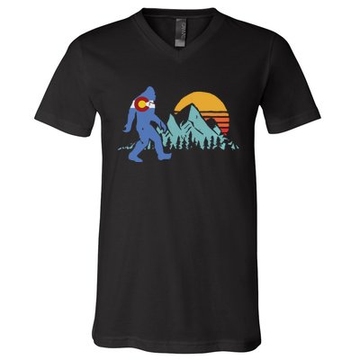 Retro Bigfoot Sun Mountain State Flag Of Colorado Graphic V-Neck T-Shirt