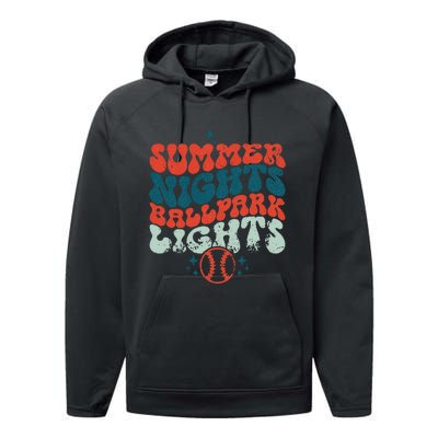 Retro Baseball Summer Nights Ballpark Lights Baseball Mom Performance Fleece Hoodie