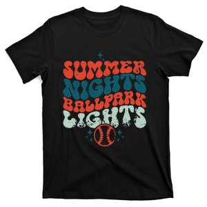 Retro Baseball Summer Nights Ballpark Lights Baseball Mom T-Shirt