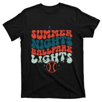 Retro Baseball Summer Nights Ballpark Lights Baseball Mom T-Shirt