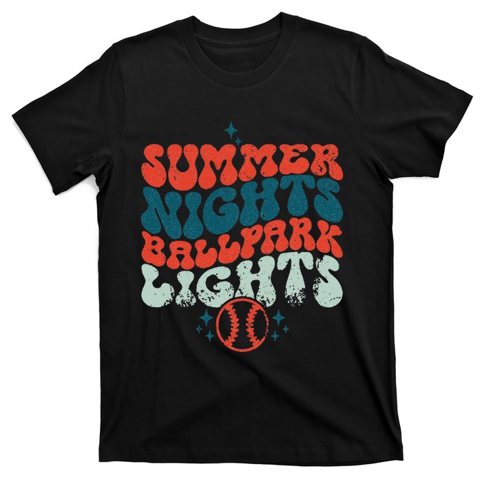 Retro Baseball Summer Nights Ballpark Lights Baseball Mom T-Shirt