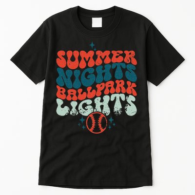 Retro Baseball Summer Nights Ballpark Lights Baseball Mom Tall T-Shirt