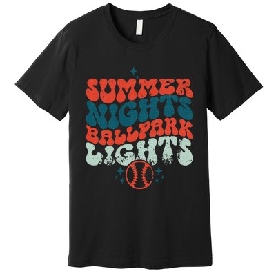 Retro Baseball Summer Nights Ballpark Lights Baseball Mom Premium T-Shirt