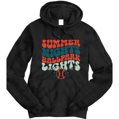 Retro Baseball Summer Nights Ballpark Lights Baseball Mom Tie Dye Hoodie