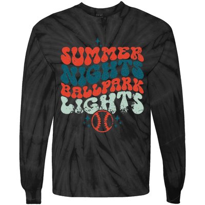 Retro Baseball Summer Nights Ballpark Lights Baseball Mom Tie-Dye Long Sleeve Shirt