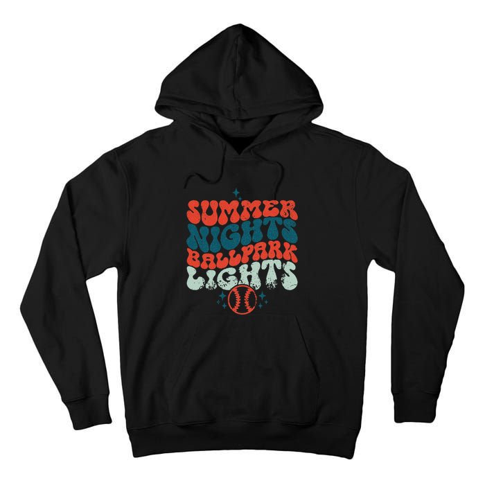 Retro Baseball Summer Nights Ballpark Lights Baseball Mom Tall Hoodie