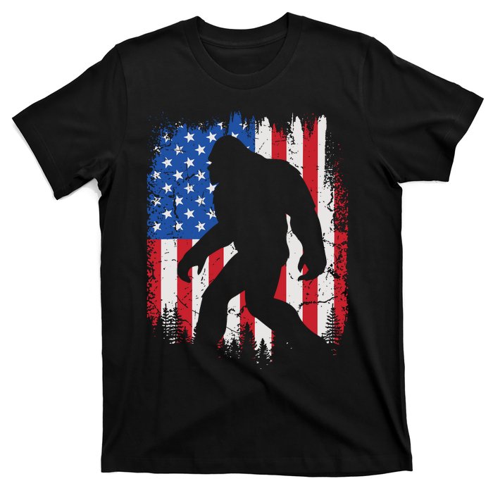 Retro Bigfoot Silhouette USA Flag Sasquatch Lovers July 4th T-Shirt