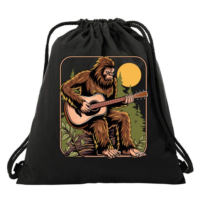 Retro Bigfoot Sasquatch Playing Acoustic Guitar Guitarist Drawstring Bag