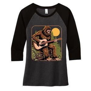 Retro Bigfoot Sasquatch Playing Acoustic Guitar Guitarist Women's Tri-Blend 3/4-Sleeve Raglan Shirt