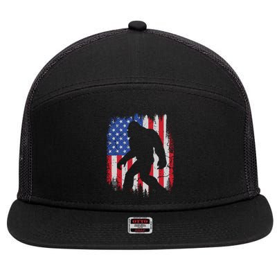 Retro Bigfoot Silhouette USA Flag Sasquatch Lovers July 4th 7 Panel Mesh Trucker Snapback Hat