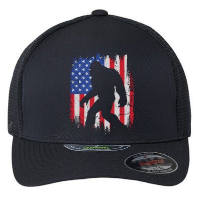 Retro Bigfoot Silhouette USA Flag Sasquatch Lovers July 4th Flexfit Unipanel Trucker Cap