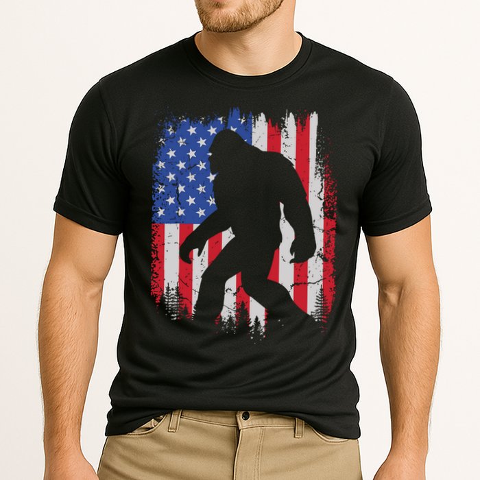 Retro Bigfoot Silhouette USA Flag Sasquatch Lovers July 4th Cooling Performance Crew T-Shirt