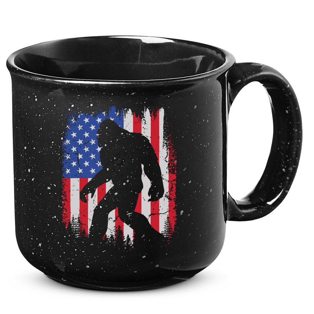 Retro Bigfoot Silhouette USA Flag Sasquatch Lovers July 4th 15oz Campfire Ceramic Mug