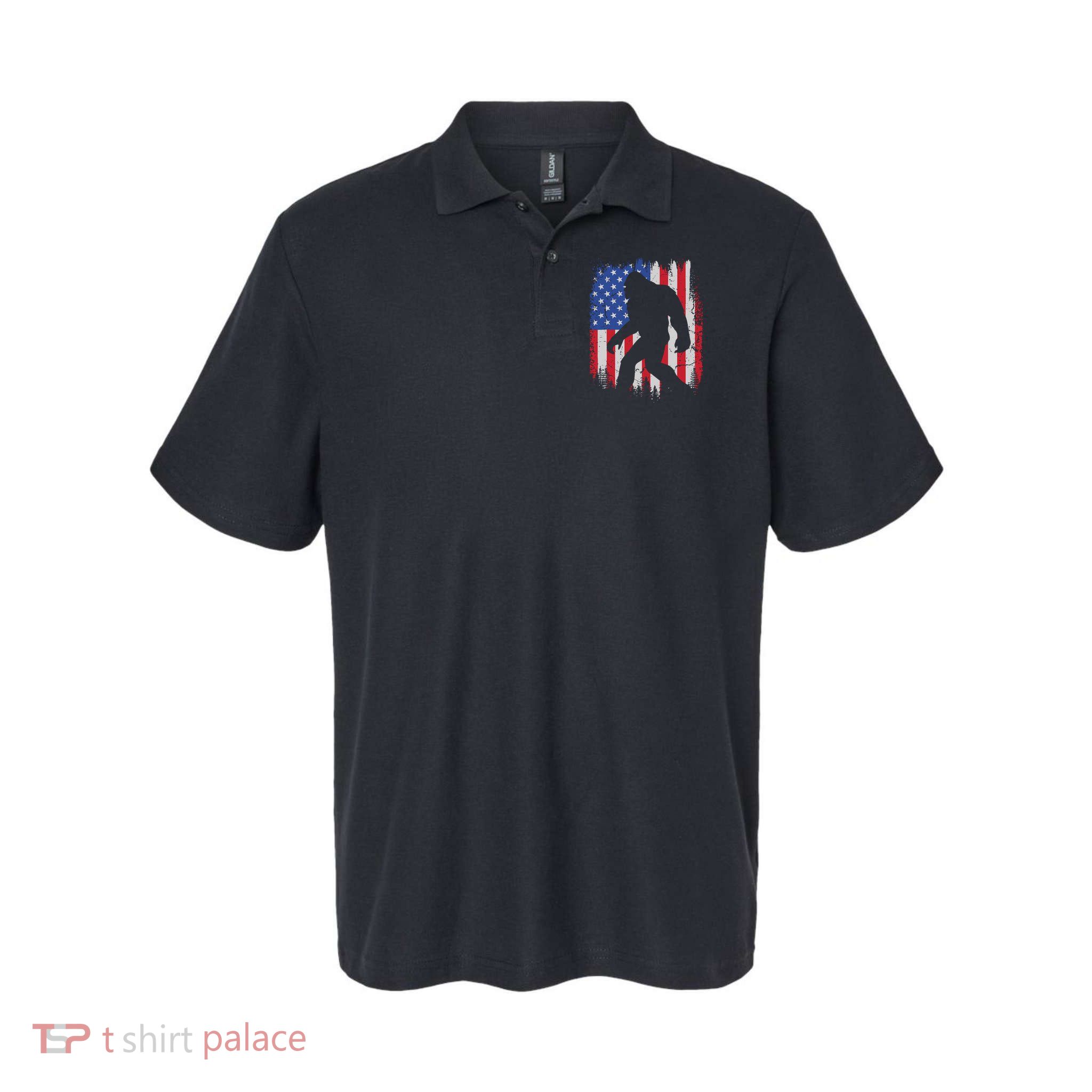 Retro Bigfoot Silhouette USA Flag Sasquatch Lovers July 4th Polo