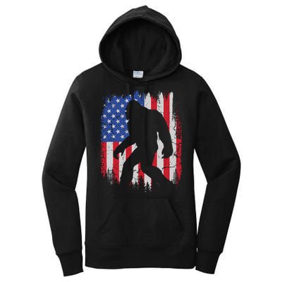 Retro Bigfoot Silhouette USA Flag Sasquatch Lovers July 4th Women's Pullover Hoodie
