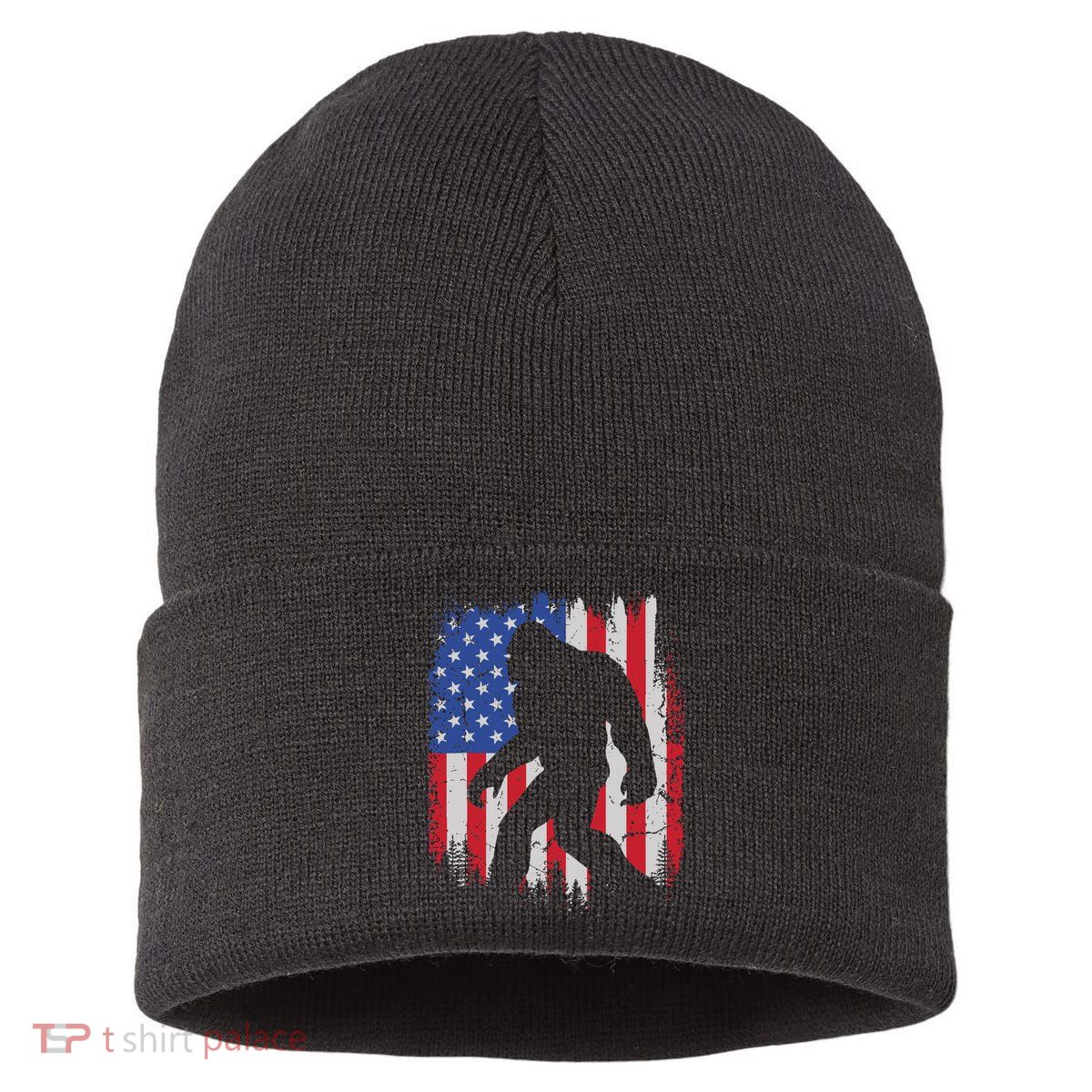 Retro Bigfoot Silhouette USA Flag Sasquatch Lovers July 4th Sustainable Knit Beanie