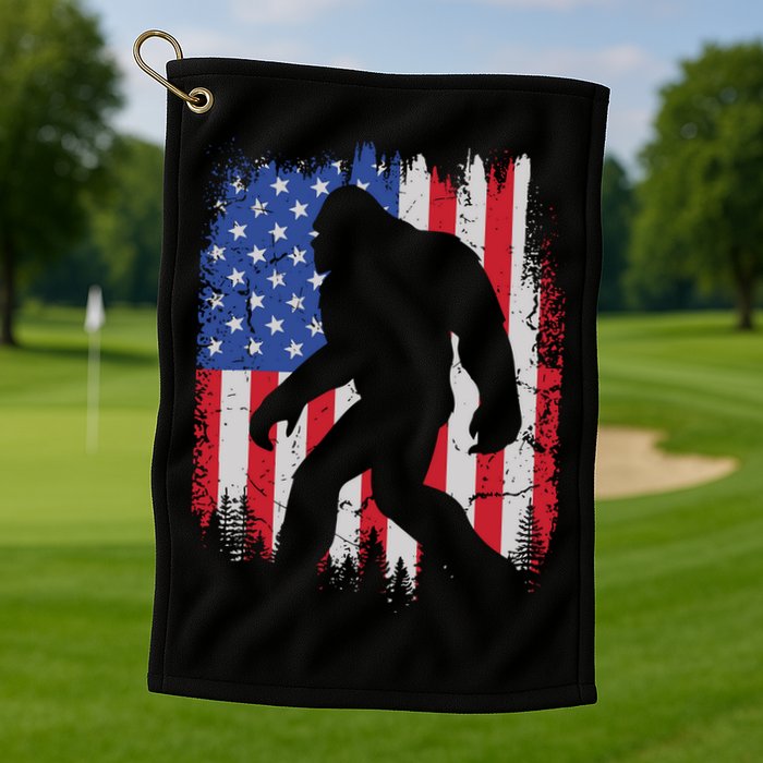 Retro Bigfoot Silhouette USA Flag Sasquatch Lovers July 4th Golf Towel