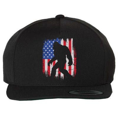 Retro Bigfoot Silhouette USA Flag Sasquatch Lovers July 4th Wool Snapback Cap