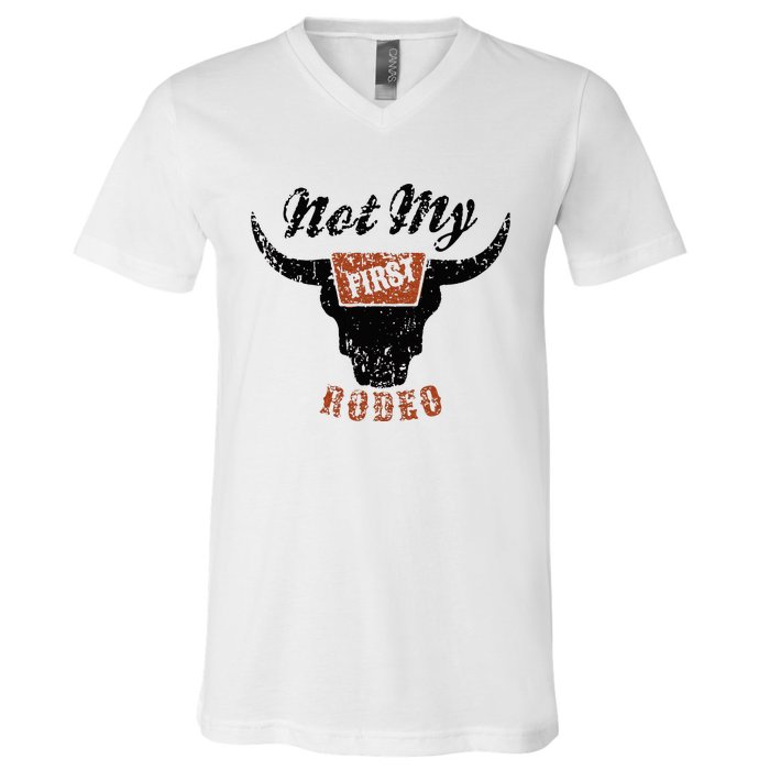 Retro Bull Skull Not My First Rodeo Western Country Cowboy V-Neck T-Shirt