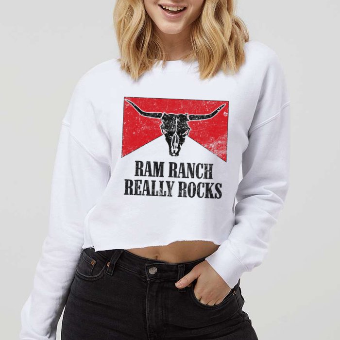Retro Bull Skull Western Life Country Ram Ranch Rockin' Vibes Cropped Pullover Crew