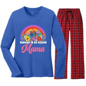 Retro Blessed To Be Called Mama Rainbow Groovy Hippie Flower Gift Women's Long Sleeve Flannel Pajama Set 