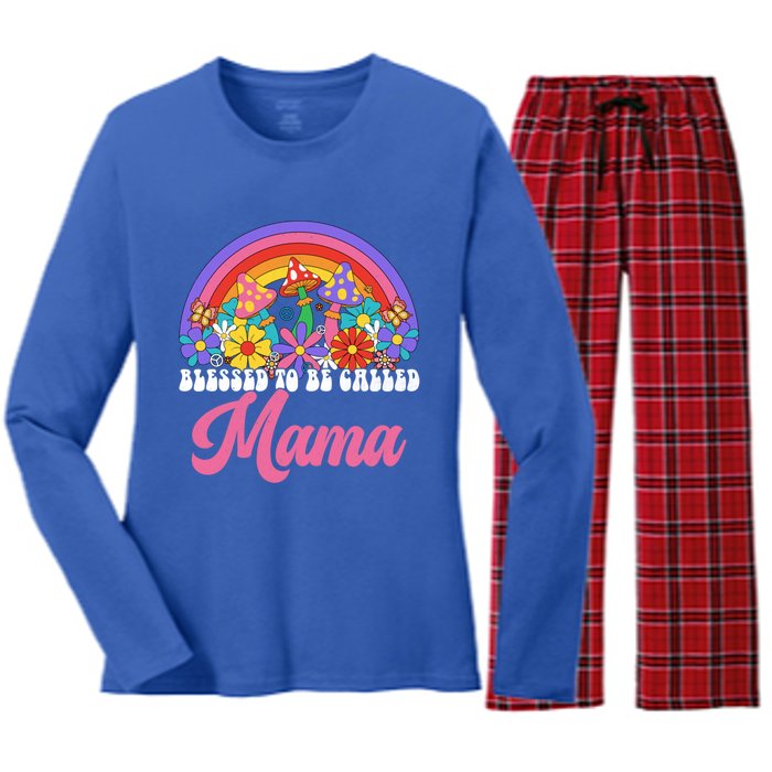 Retro Blessed To Be Called Mama Rainbow Groovy Hippie Flower Gift Women's Long Sleeve Flannel Pajama Set 