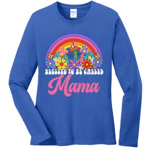 Retro Blessed To Be Called Mama Rainbow Groovy Hippie Flower Gift Ladies Long Sleeve Shirt