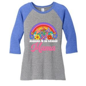 Retro Blessed To Be Called Mama Rainbow Groovy Hippie Flower Gift Women's Tri-Blend 3/4-Sleeve Raglan Shirt