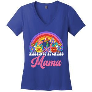 Retro Blessed To Be Called Mama Rainbow Groovy Hippie Flower Gift Women's V-Neck T-Shirt