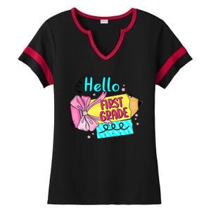 Retro Back To School Hello First Grade Ladies Halftime Notch Neck Tee