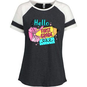 Retro Back To School Hello First Grade Enza Ladies Jersey Colorblock Tee