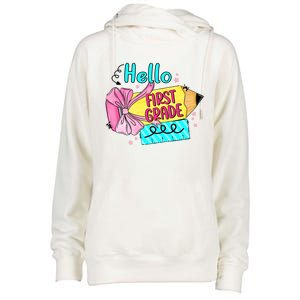 Retro Back To School Hello First Grade Womens Funnel Neck Pullover Hood