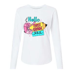 Retro Back To School Hello First Grade Womens Cotton Relaxed Long Sleeve T-Shirt