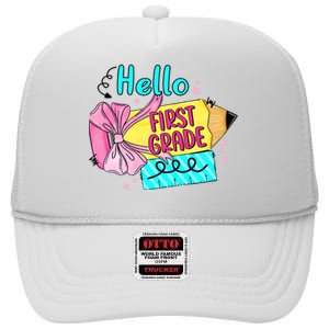 Retro Back To School Hello First Grade High Crown Mesh Back Trucker Hat