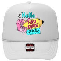 Retro Back To School Hello First Grade High Crown Mesh Back Trucker Hat