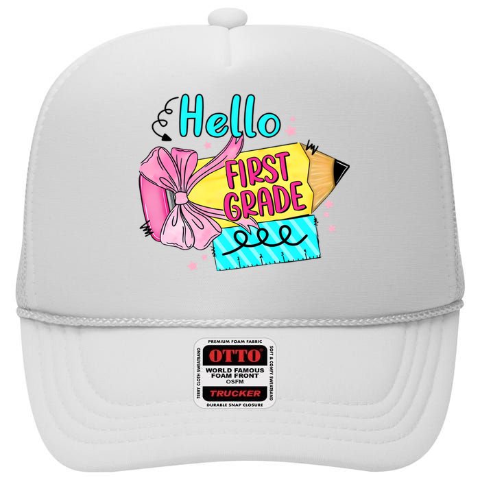 Retro Back To School Hello First Grade High Crown Mesh Back Trucker Hat