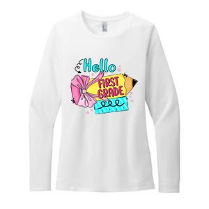 Retro Back To School Hello First Grade Womens CVC Long Sleeve Shirt