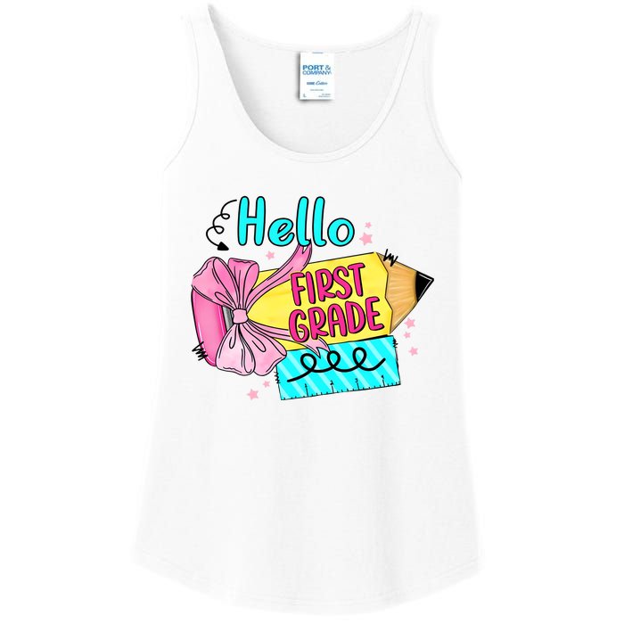 Retro Back To School Hello First Grade Ladies Essential Tank