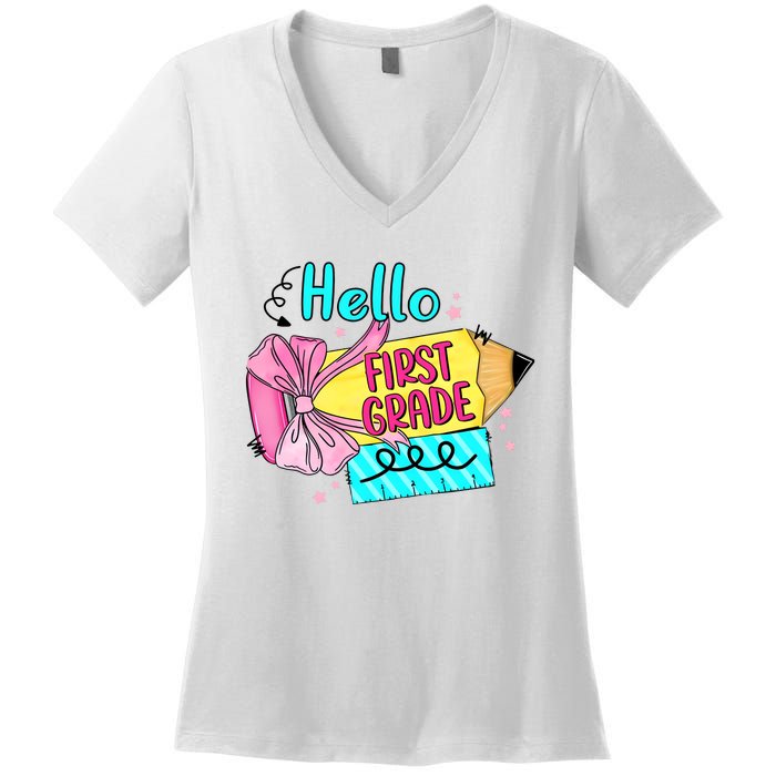 Retro Back To School Hello First Grade Women's V-Neck T-Shirt