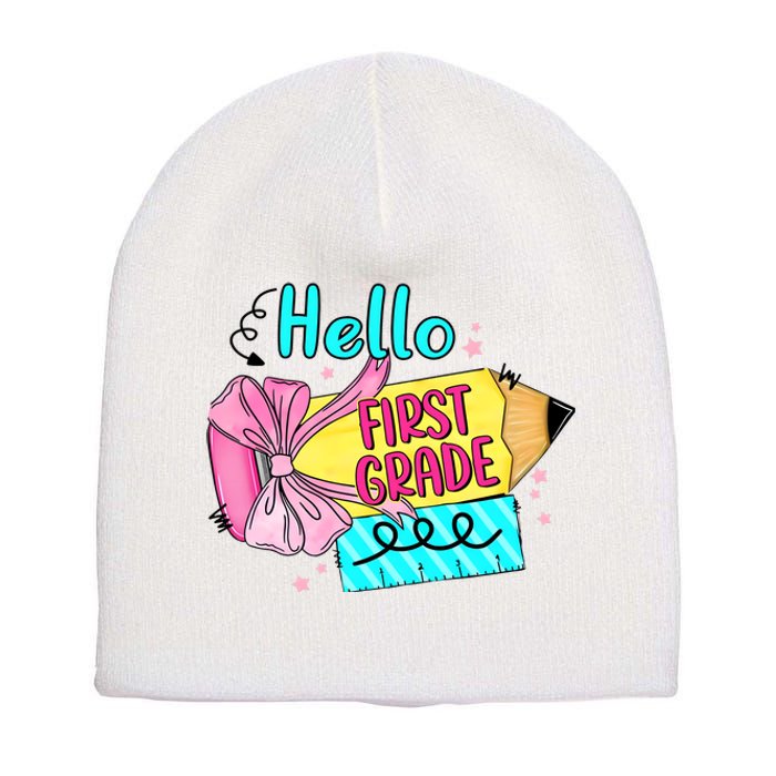 Retro Back To School Hello First Grade Short Acrylic Beanie