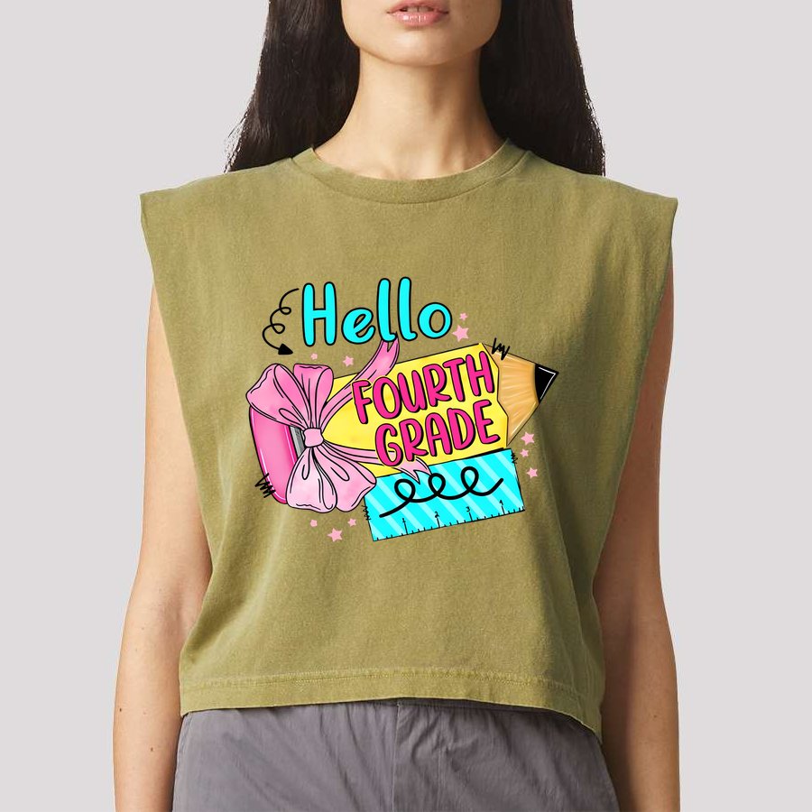 Retro Back To School Hello Fourth Grade Garment-Dyed Women's Muscle Tee