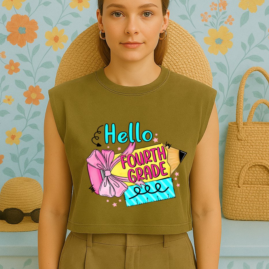 Retro Back To School Hello Fourth Grade Garment-Dyed Women's Muscle Tee